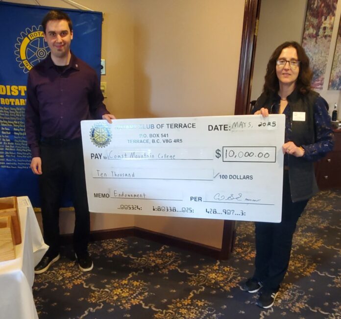 Club President Elect – Reece Dozzi presented the cheque to CMTN’s Yvonne Koerner at a recent Rotary Club meeting. Photo by John Crawford