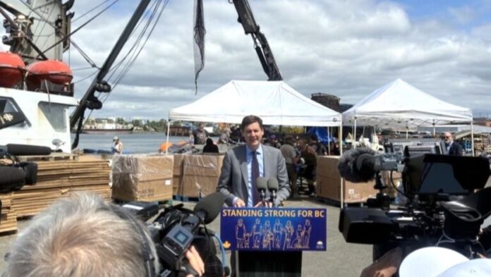 Eby-May14 B.C. Premier David Eby appears at Point Hope Shipyard in Victoria, announcing he will lead a trade mission to Asia in June 2025.