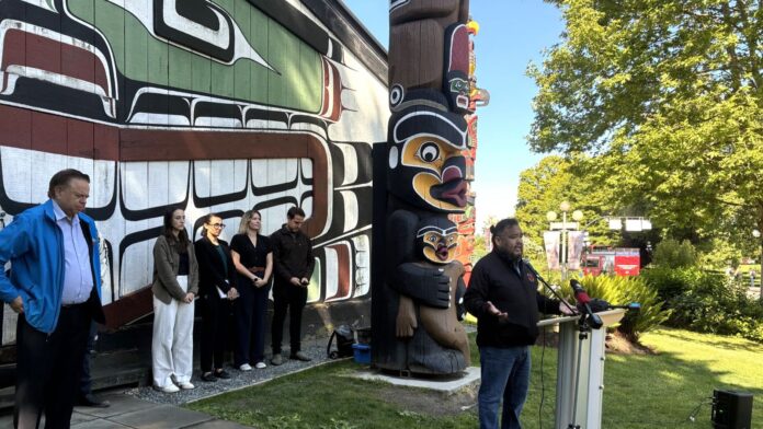 presser Tsartlip First Nation Chief Don Tom speaks out against Bill 15 in Victoria, alongside First Nations leaders and environmental advocates.