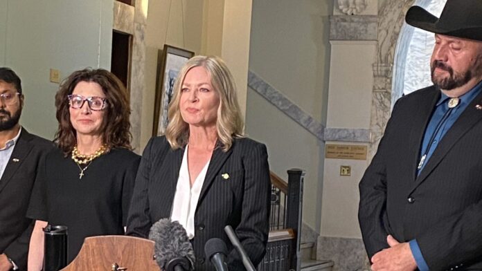 threats-presser FILE - Independent MLAs Dallas Brodie, Tara Armstrong, and Jordan Kealy speak to reporters on March 28th. | Emily Joveski, Vista Radio photo